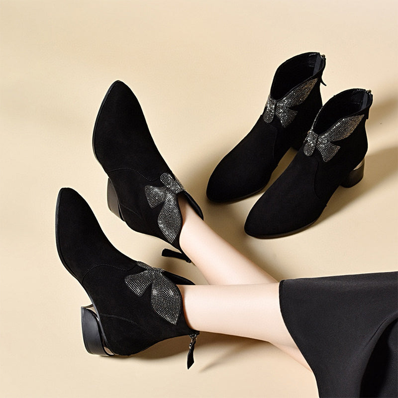 Shiny Bowknot Pointed Toe Chunky Ankle Boots