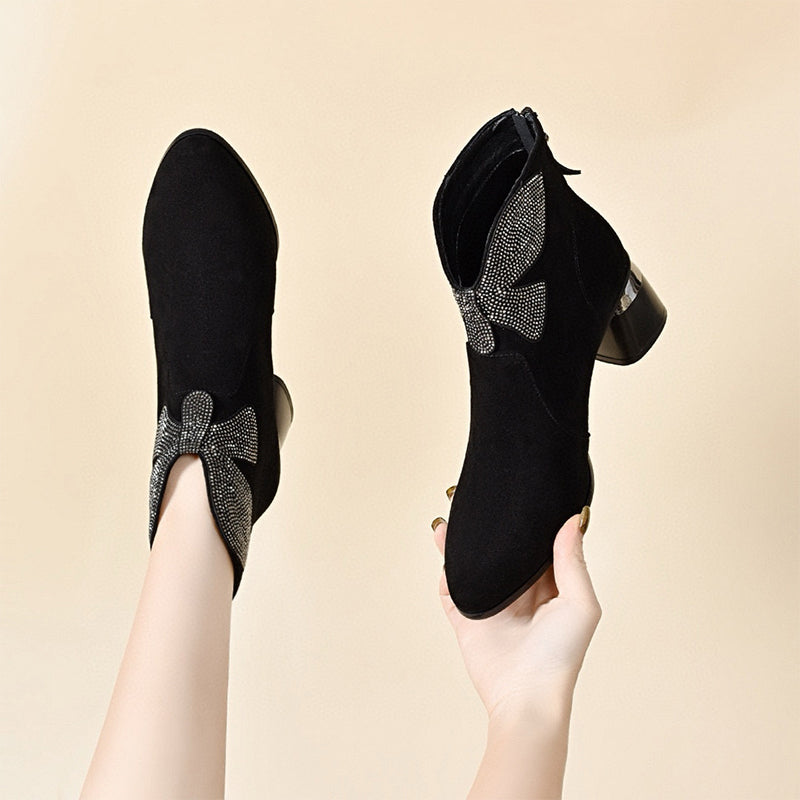 Shiny Bowknot Pointed Toe Chunky Ankle Boots