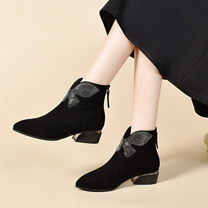 Shiny Bowknot Pointed Toe Chunky Ankle Boots