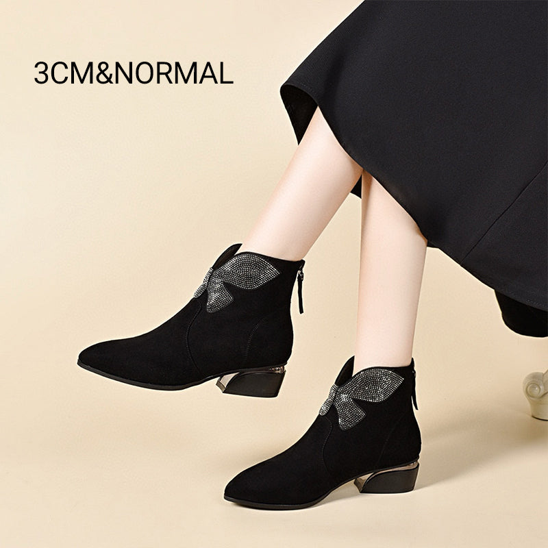 Shiny Bowknot Pointed Toe Chunky Ankle Boots