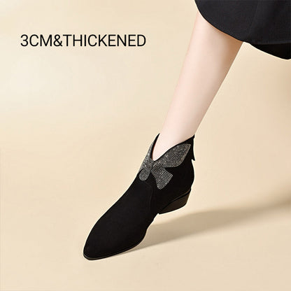 Shiny Bowknot Pointed Toe Chunky Ankle Boots