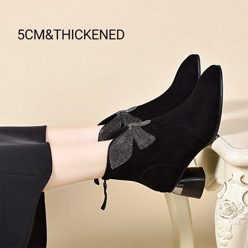 Shiny Bowknot Pointed Toe Chunky Ankle Boots