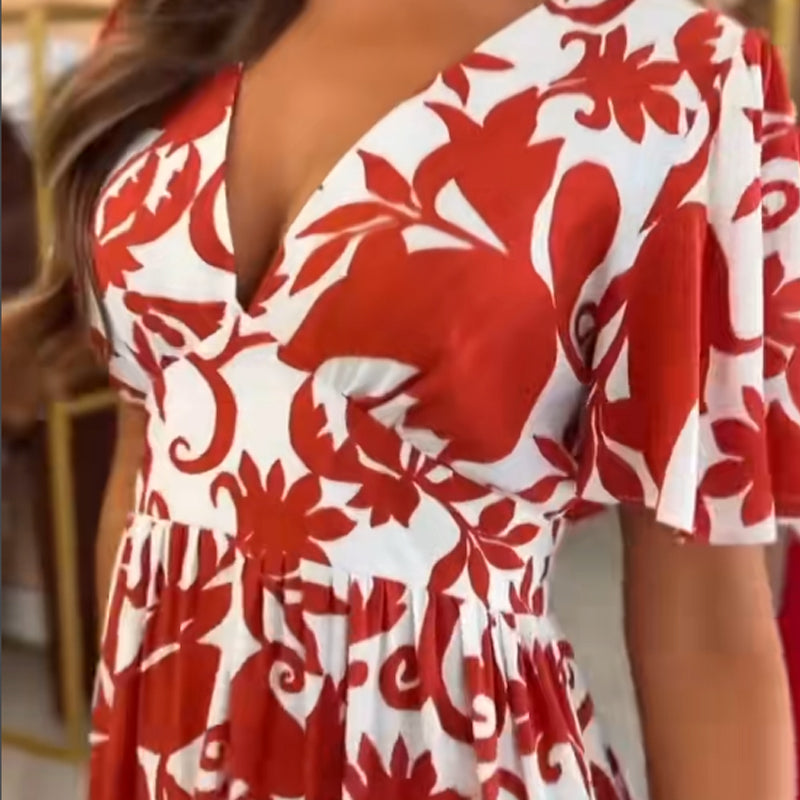 Women's Fashion Printed V-Neck Flowy Dress