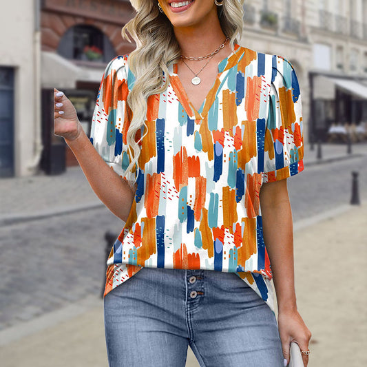 Women's Printed V-Neck Short Sleeve Top