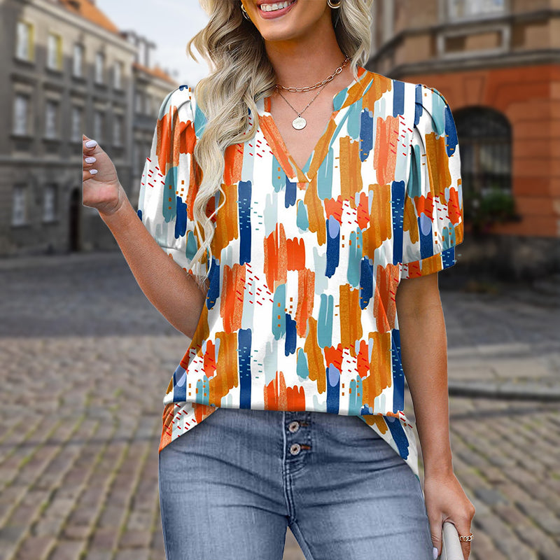 Women's Printed V-Neck Short Sleeve Top