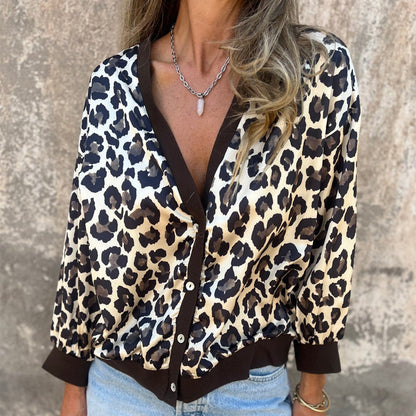 Stylish V-Neck Button Front Leopard Print Top