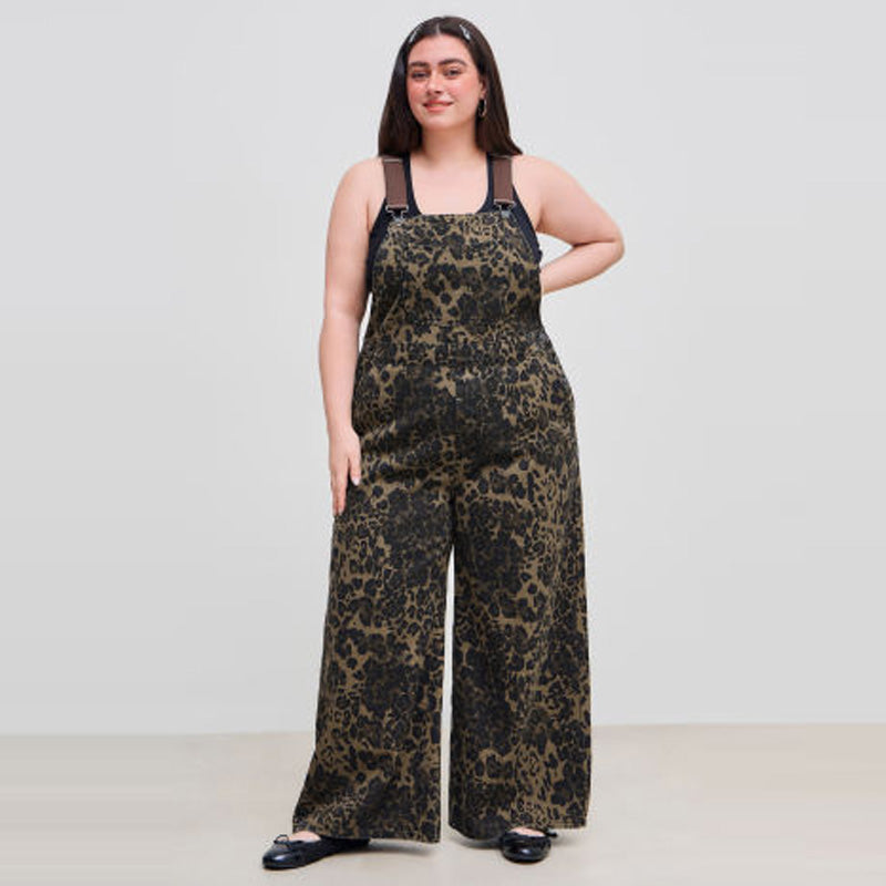 Women's Leopard Print Buckle-Up Wide Leg Overall Jumpsuit