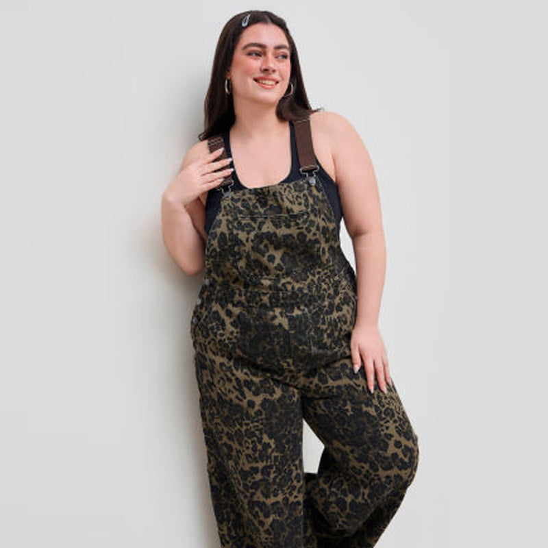 Women's Leopard Print Buckle-Up Wide Leg Overall Jumpsuit