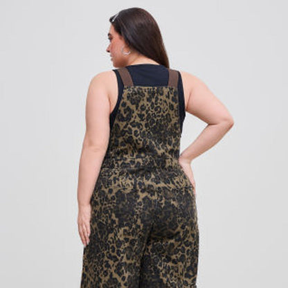 Women's Leopard Print Buckle-Up Wide Leg Overall Jumpsuit