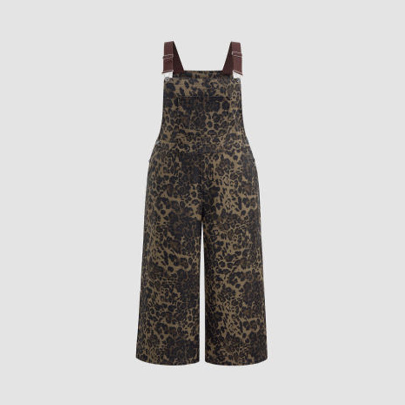 Women's Leopard Print Buckle-Up Wide Leg Overall Jumpsuit