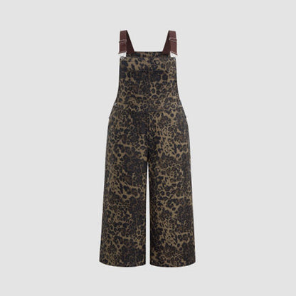 Women's Leopard Print Buckle-Up Wide Leg Overall Jumpsuit