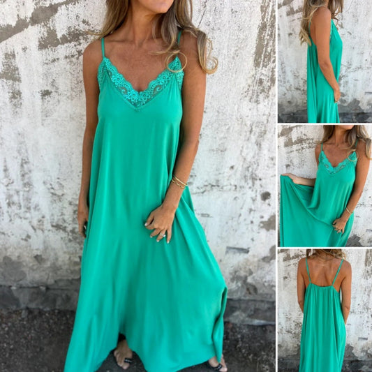 🌸Spring Specials💐 Women's Elegant Lace Trim V-Neck Spaghetti Strap Maxi Dress