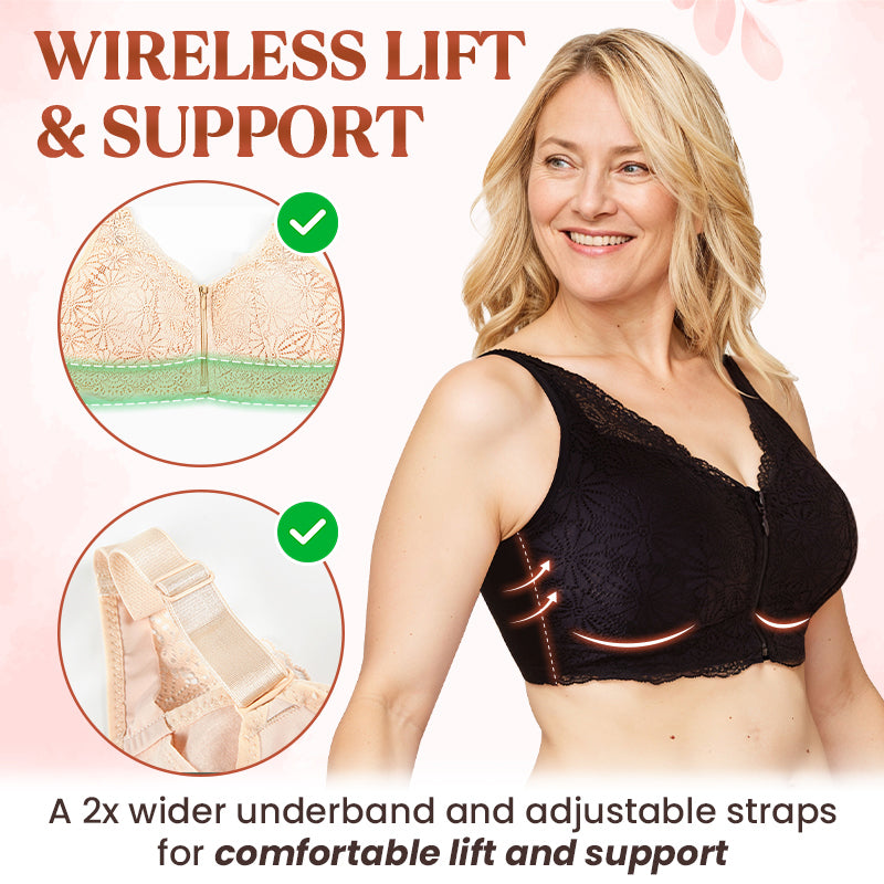 Women's Front-Zipper Closure Wireless Lace Bra