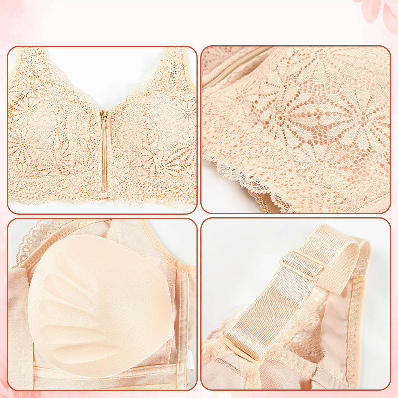 Women's Front-Zipper Closure Wireless Lace Bra