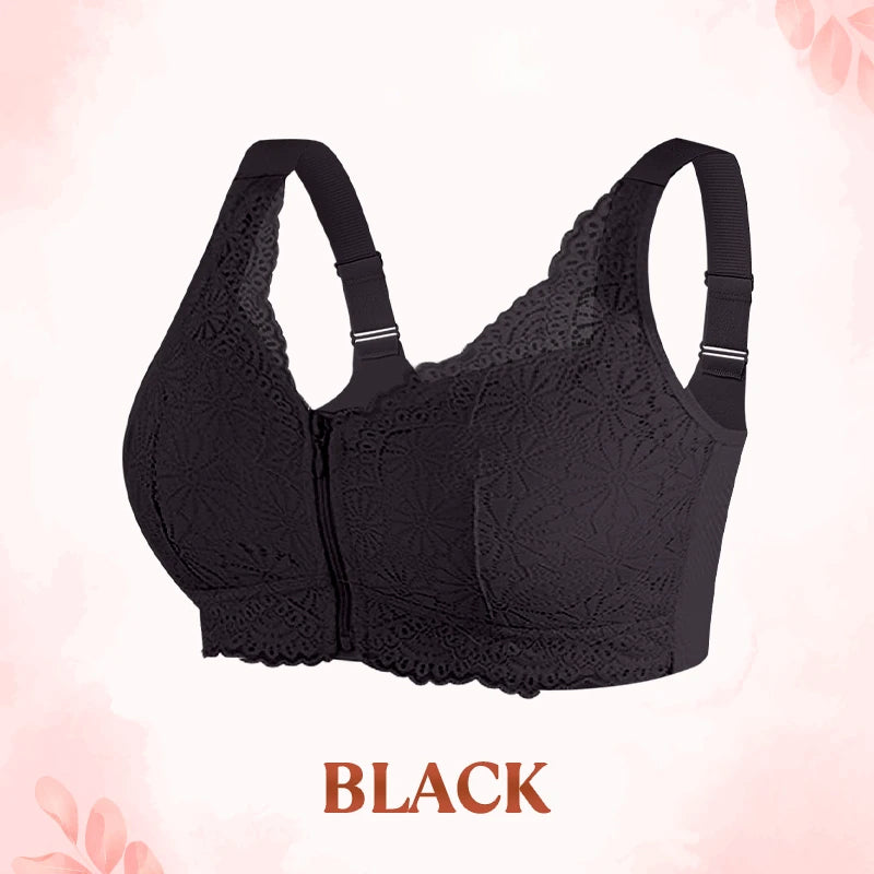 Women's Front-Zipper Closure Wireless Lace Bra