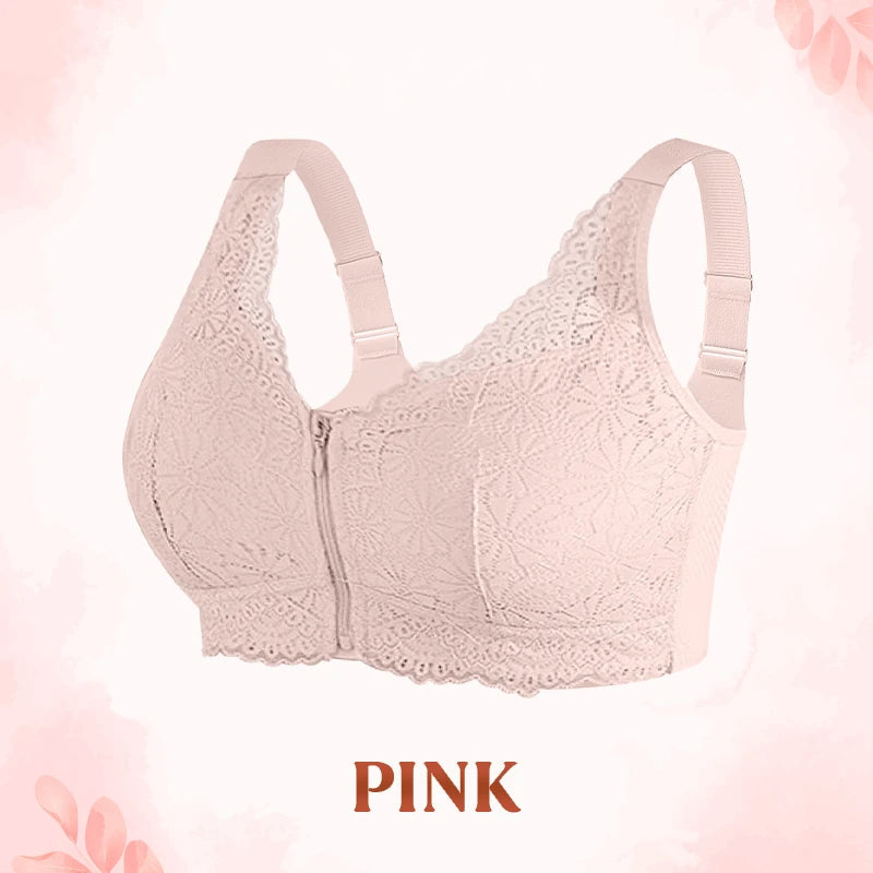 Women's Front-Zipper Closure Wireless Lace Bra