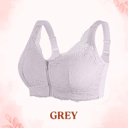 Women's Front-Zipper Closure Wireless Lace Bra