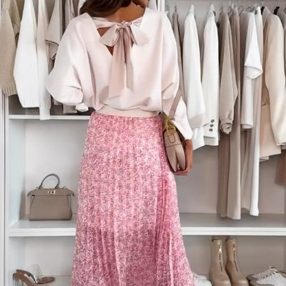 💖Limited Sale 50% OFF💖Women's Floral Pleated Skirt & Bow-Tied Back Blouse Set