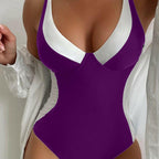 🎉Super Deal! 🛍️ Only Today!  Don't Miss Out!🔥 Patchwork Color Low Cut Quick Dry One Piece Swimsuit