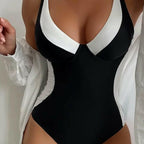 🎉Super Deal! 🛍️ Only Today!  Don't Miss Out!🔥 Patchwork Color Low Cut Quick Dry One Piece Swimsuit