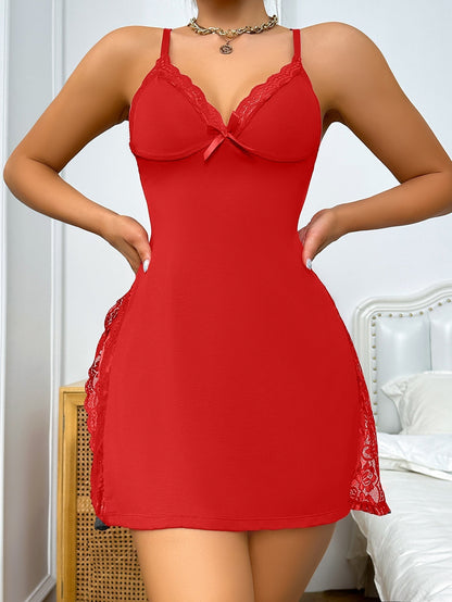 💕Lace Trimmed Slit Bow Embellished Sexy Dress