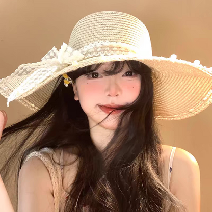 Fashionable Wide Brim Hat With Lace Bow