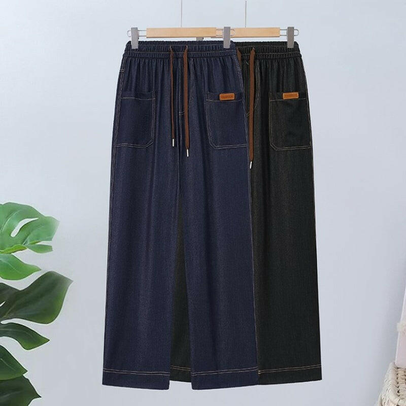 Drawstring High-Waisted Straight-Leg Pants