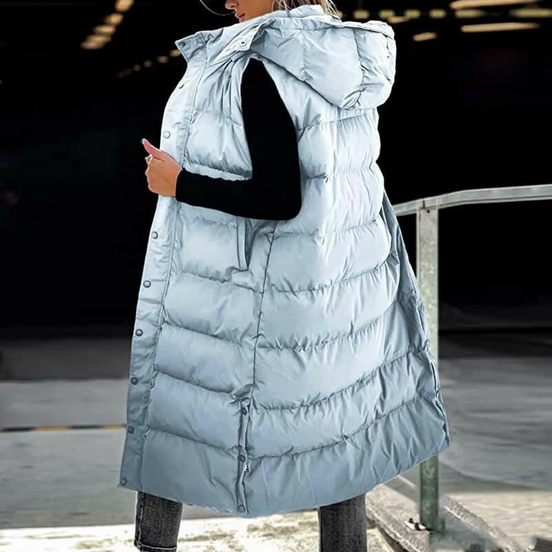 Stylish Puff Hooded Sleeveless Long Vest