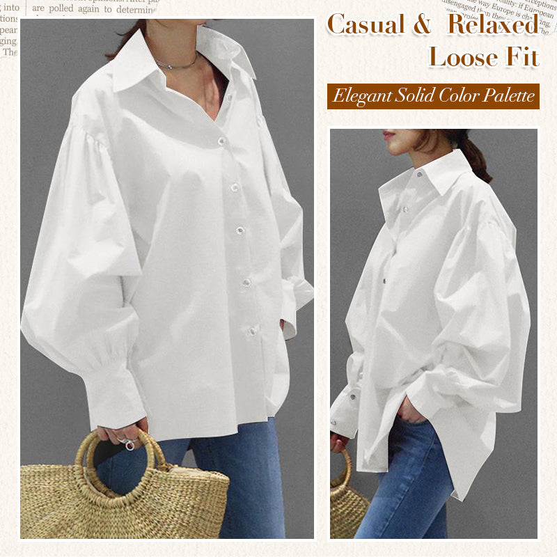 🍂Autumn Promotion 40%💕Women's Casual Solid Color Lantern Sleeve Lapel Shirt