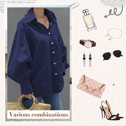 🍂Autumn Promotion 40%💕Women's Casual Solid Color Lantern Sleeve Lapel Shirt