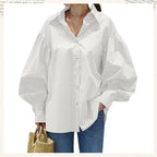 🍂Autumn Promotion 40%💕Women's Casual Solid Color Lantern Sleeve Lapel Shirt