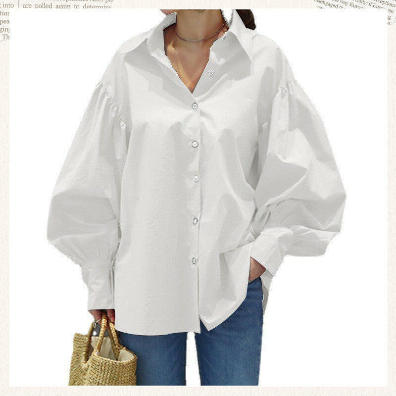 🍂Autumn Promotion 40%💕Women's Casual Solid Color Lantern Sleeve Lapel Shirt