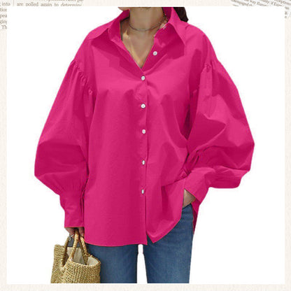 🍂Autumn Promotion 40%💕Women's Casual Solid Color Lantern Sleeve Lapel Shirt