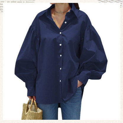 🍂Autumn Promotion 40%💕Women's Casual Solid Color Lantern Sleeve Lapel Shirt