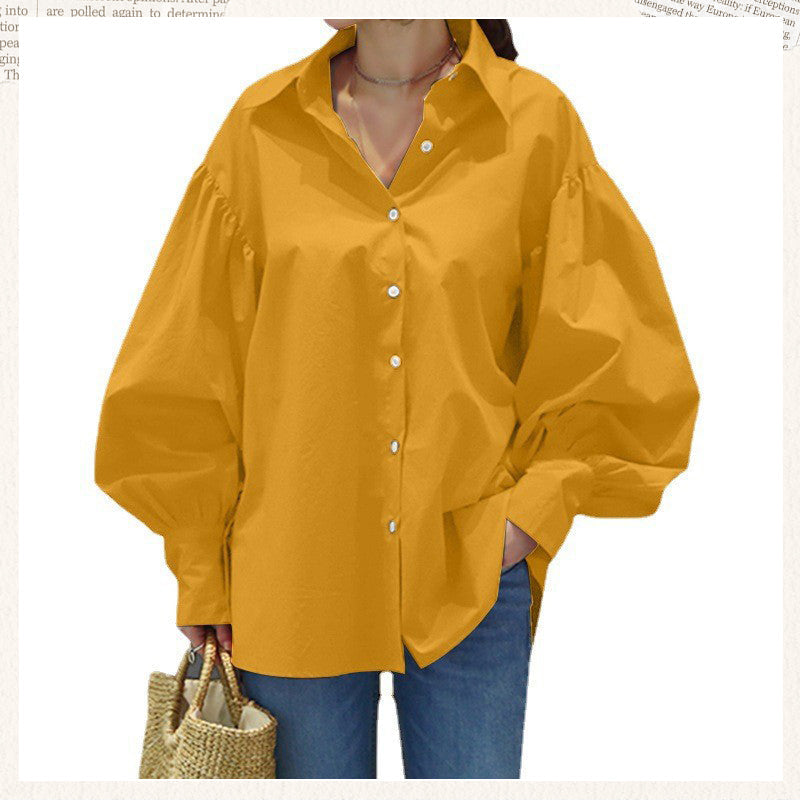 🍂Autumn Promotion 40%💕Women's Casual Solid Color Lantern Sleeve Lapel Shirt