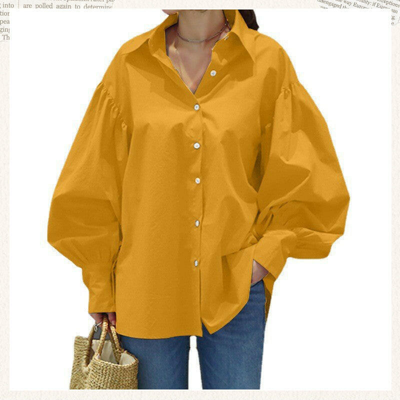 🍂Autumn Promotion 40%💕Women's Casual Solid Color Lantern Sleeve Lapel Shirt