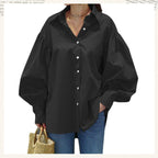 🍂Autumn Promotion 40%💕Women's Casual Solid Color Lantern Sleeve Lapel Shirt