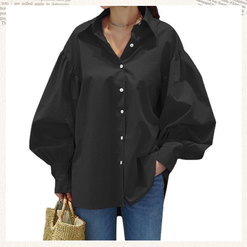 🍂Autumn Promotion 40%💕Women's Casual Solid Color Lantern Sleeve Lapel Shirt