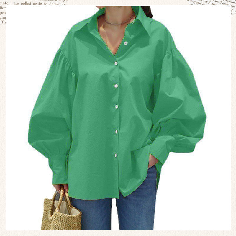 🍂Autumn Promotion 40%💕Women's Casual Solid Color Lantern Sleeve Lapel Shirt
