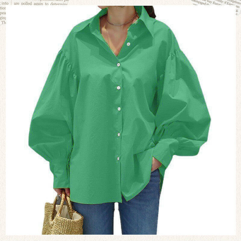 🍂Autumn Promotion 40%💕Women's Casual Solid Color Lantern Sleeve Lapel Shirt