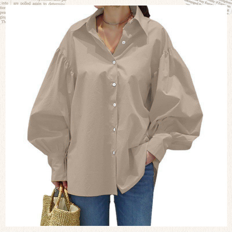 🍂Autumn Promotion 40%💕Women's Casual Solid Color Lantern Sleeve Lapel Shirt