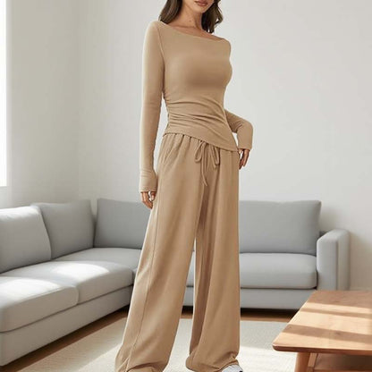 🍂Autumn Promotion 50%💕Asymmetrical Long-Sleeve T-Shirt & Wide-Leg Pants Set