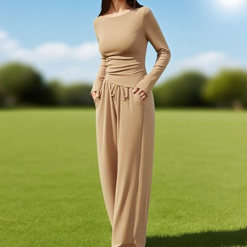 🍂Autumn Promotion 50%💕Asymmetrical Long-Sleeve T-Shirt & Wide-Leg Pants Set