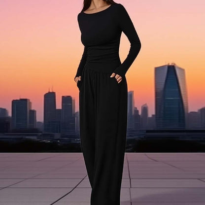 🍂Autumn Promotion 50%💕Asymmetrical Long-Sleeve T-Shirt & Wide-Leg Pants Set