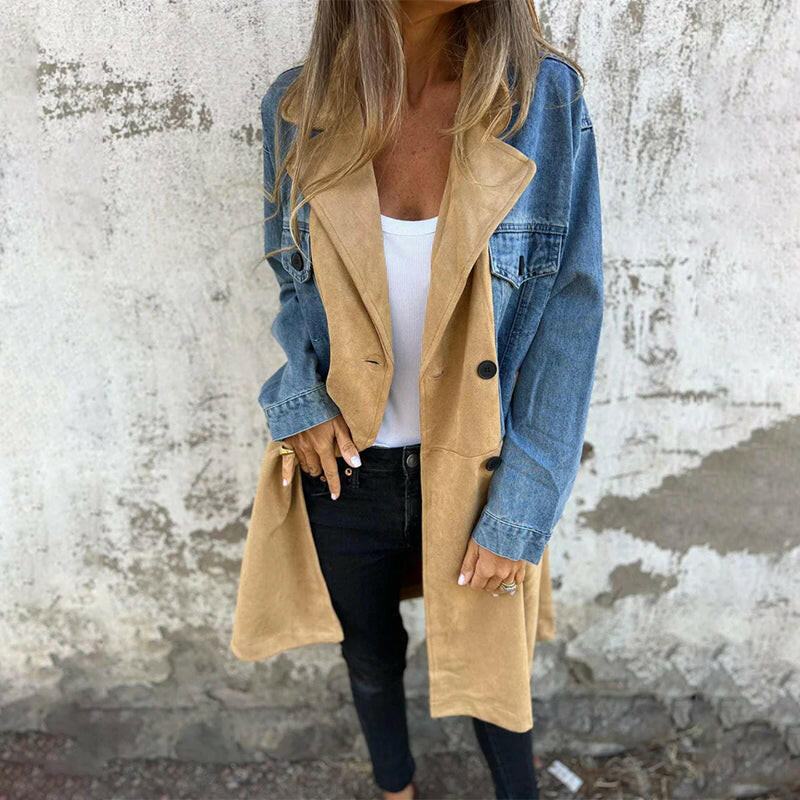 🍂Autumn Promotion 50%💕Mid-Length Trench Coat with Denim Jean Stitching