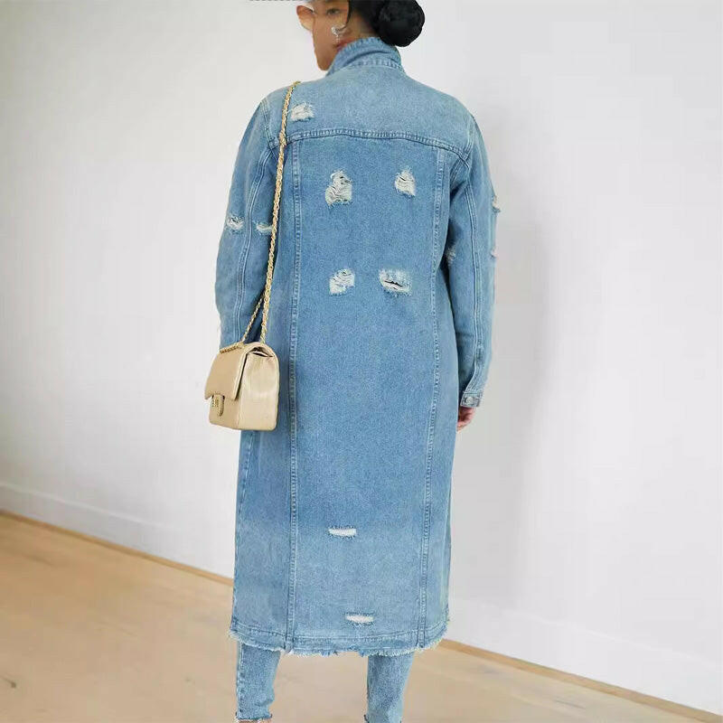 🍂Autumn Promotion 50%💕Women's Ripped Holes Long Denim Jacket