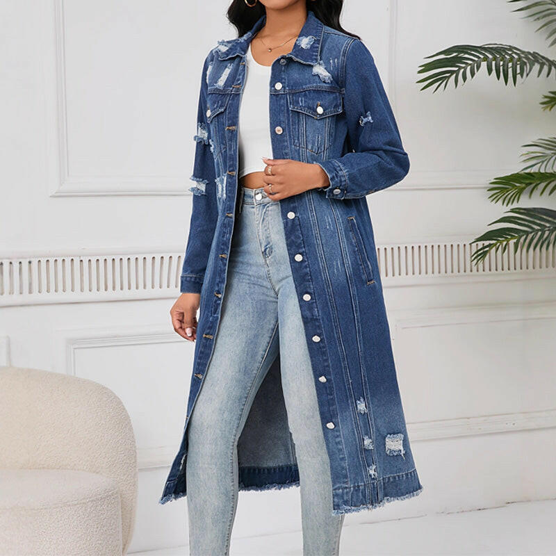 🍂Autumn Promotion 50%💕Women's Ripped Holes Long Denim Jacket