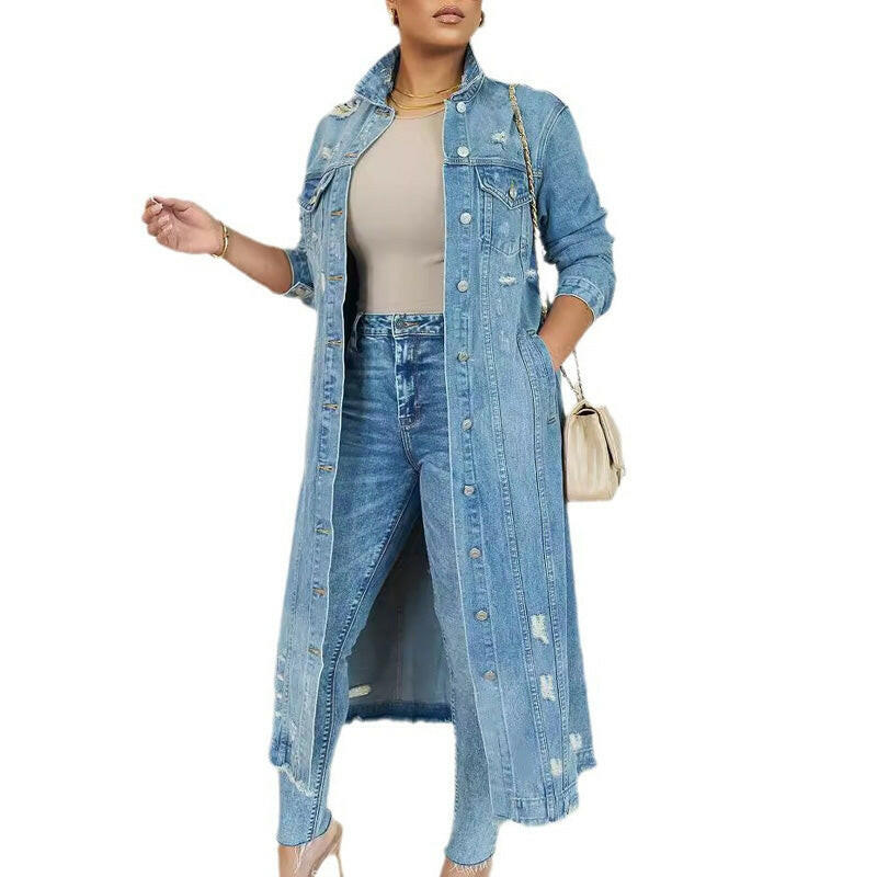 🍂Autumn Promotion 50%💕Women's Ripped Holes Long Denim Jacket