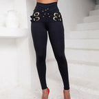 🍂Autumn Promotion 50%💕High-Waist Elastic Skinny Pants with Metal Belt Detail