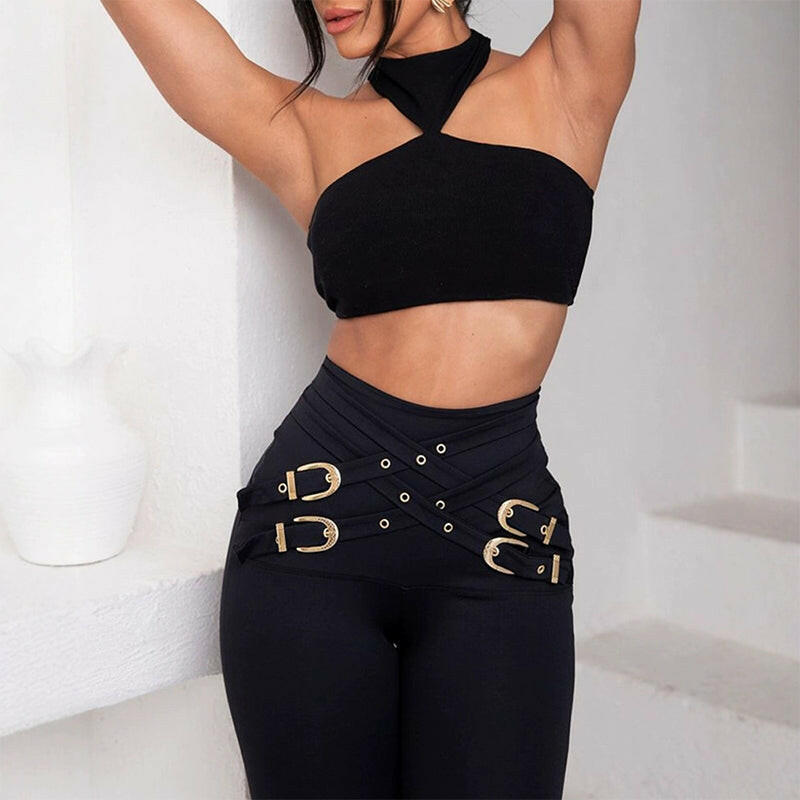 🍂Autumn Promotion 50%💕High-Waist Elastic Skinny Pants with Metal Belt Detail